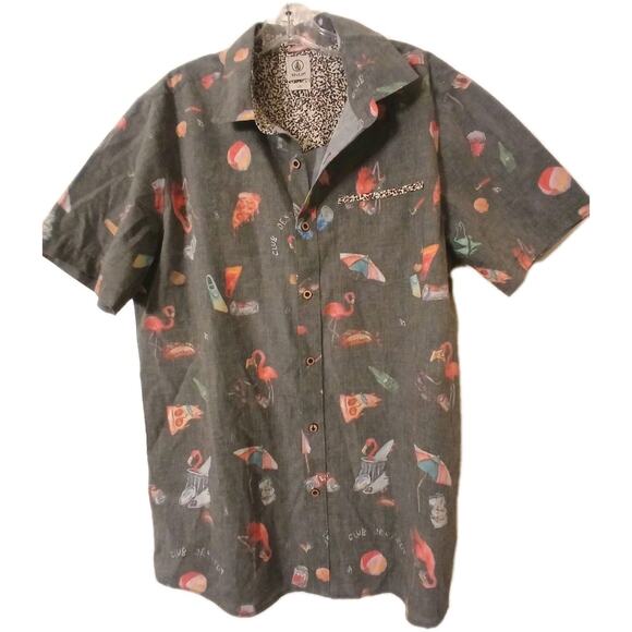 Volcom Club Destroy Shirt Men's Sz L Gray Flamingo Birds Pizza Drunk Punk FRANCE - Picture 1 of 16